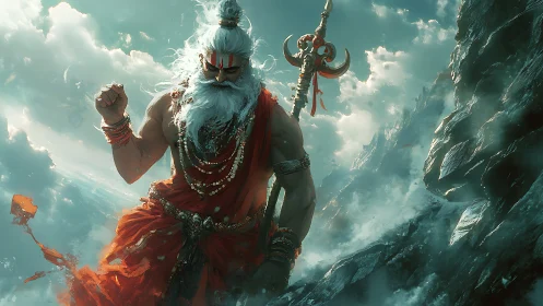 Mythic warrior ascends stormy mountain with trident staff.