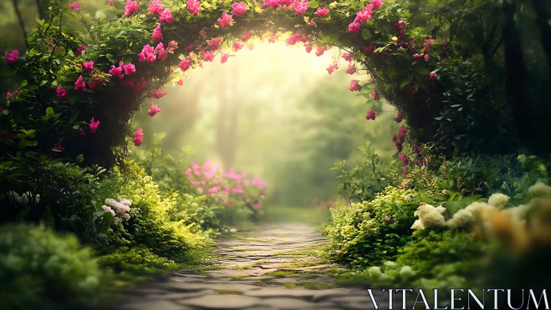 Enchanted Garden Pathway with Blossoming Floral Arch in Soft Light.