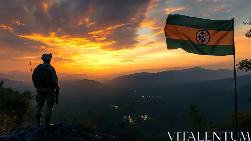 Soldier stands guard near Indian flag over misty valley at dawn