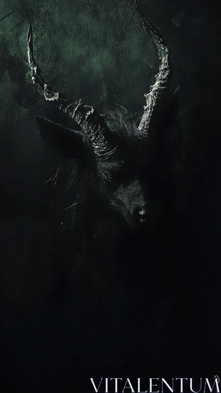 Horned shadow beast emerges from abyssal emerald dark.