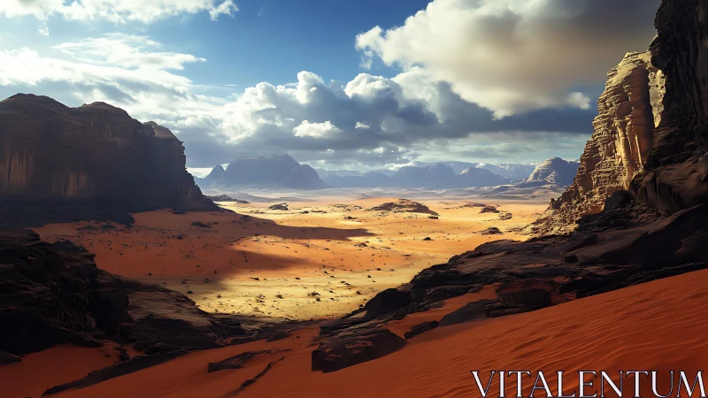 Sunlit desert amphitheater under roaming storm clouds.