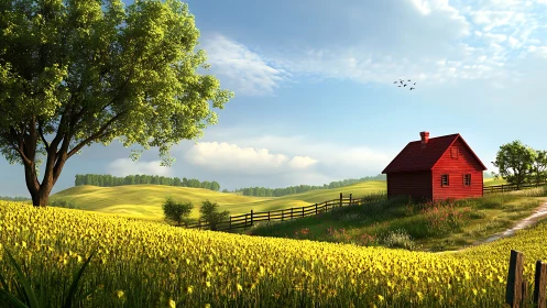 Sunlit red farmhouse anchors sweeping yellow field panorama