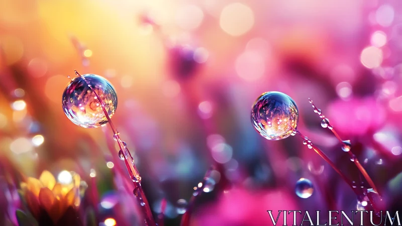 Macro droplets on colorful stems in soft bokeh light.