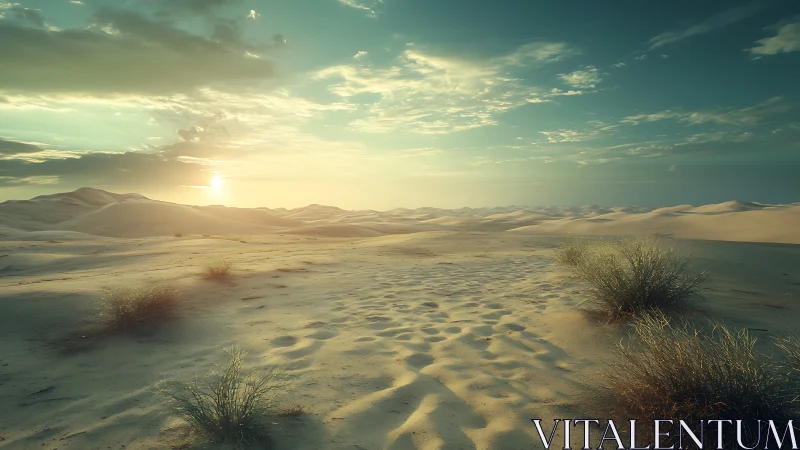 Desert sunrise over wind-shaped dunes and sparse grasses.
