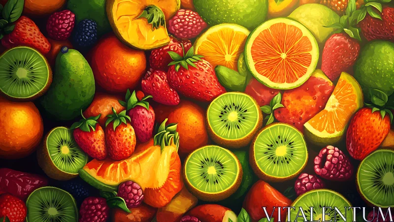 Digital painting still life of citrus and berries in dense layout.