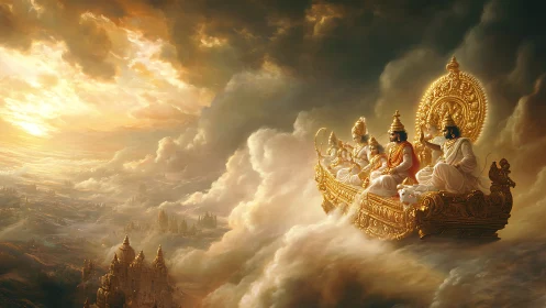 Golden celestial chariot carrying radiant deities above clouds