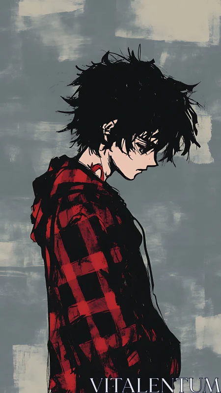 Side-profile anime boy in red plaid jacket looks downward