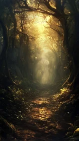 Luminous Forest Passage: Golden Light Through Ancient Woodland.