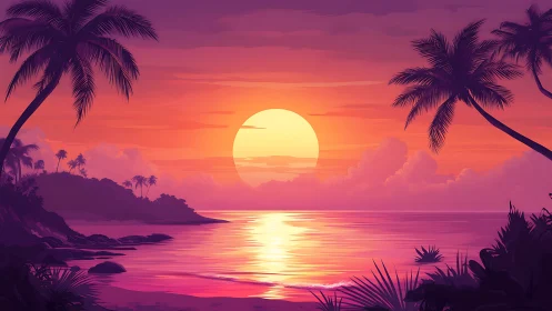 Gentle tropical sunset paints a peaceful palm-lined shore
