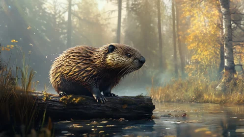 Digital beaver on forest log above misty autumn river.