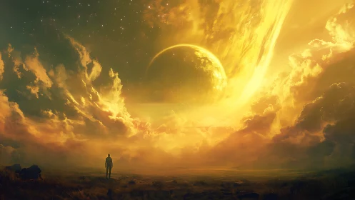 Solitary observer under luminous gas giant in saturated nebular sky