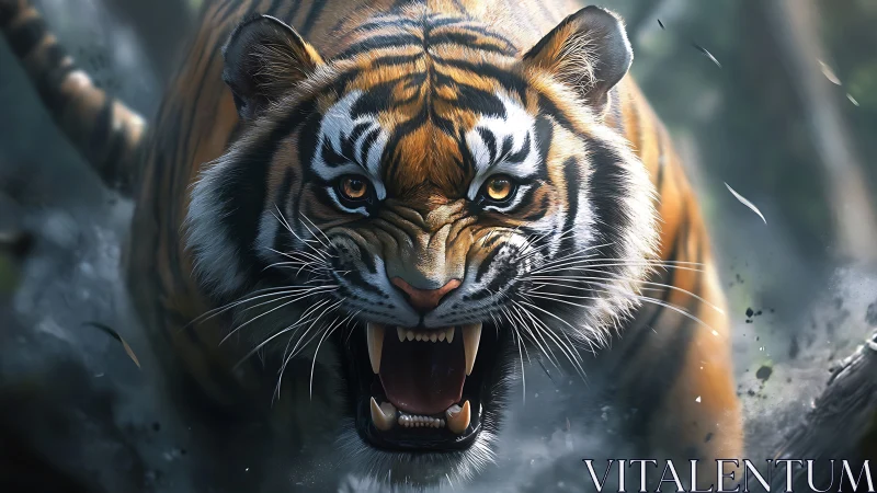 Fierce tiger charge rendered in hyperreal digital detail.