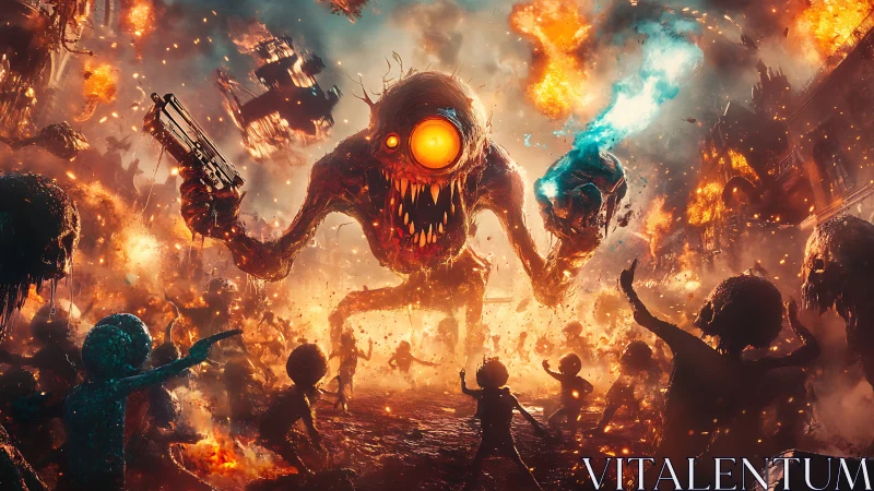 Giant cyclopean monster rampages through burning cityscape.