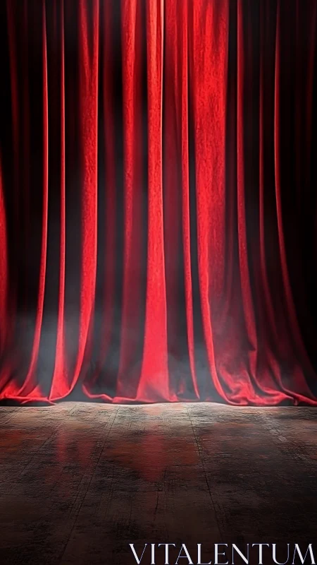 Velvet stage curtain with atmospheric floor reflections poised.
