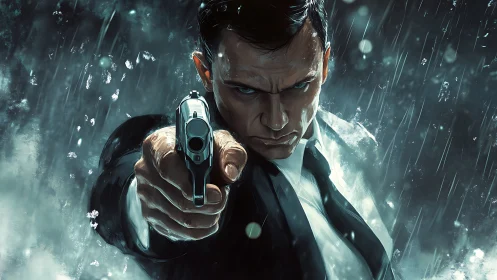 Man in suit points handgun forward in heavy rain