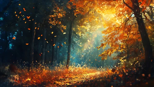 Golden Autumn Forest Path With Falling Leaves.
