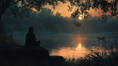 Solitary river dreamer bathing in amber dusk reflection.