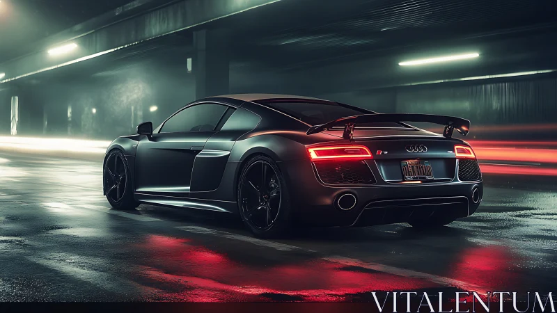 Sleek sports car glows on wet neon-lit night highway