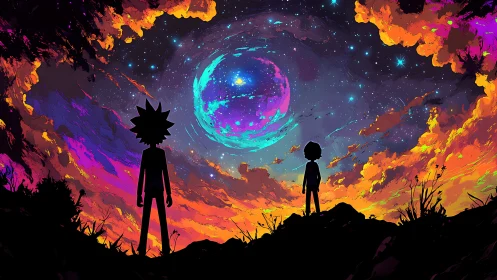 Stargazing silhouettes trade secrets with a swirling neon sky