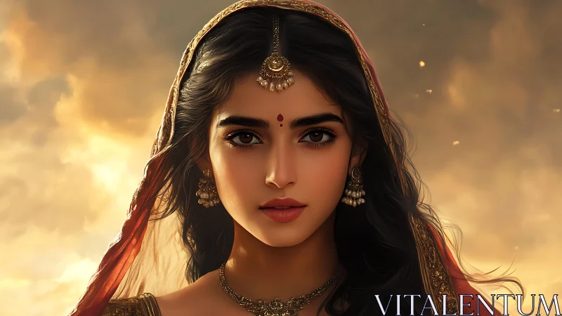 Regal portrait of Indian woman in warm cinematic backlight.