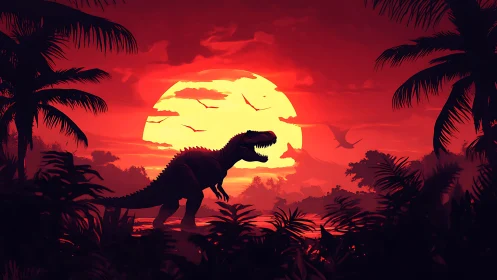 Crimson Cretaceous sunset stroll with a roaring titan.