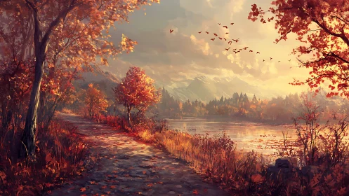 Autumn forest path beside calm lake at sunset light.