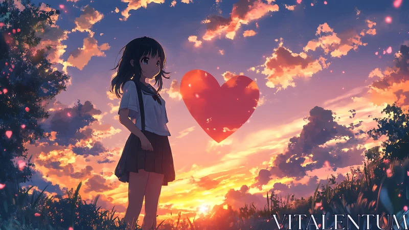 Sunset field anime composition with luminous heart glyph.