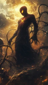 Dark cosmic hero emerges in molten golden storm of light.