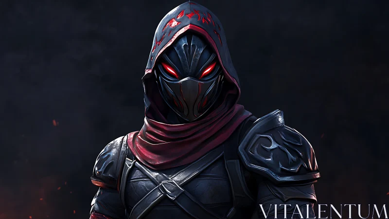 Mysterious armored rogue with glowing eyes and crimson hood.