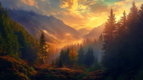 Golden Hour Valley: Misty Mountain Landscape with Sunrise Glow