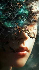 Neural mycelium enveloping bio-synthetic visage in flux.