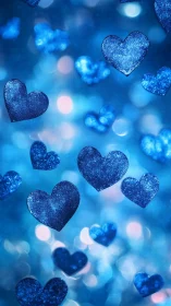 Glittered blue heart shapes on defocused bokeh background.