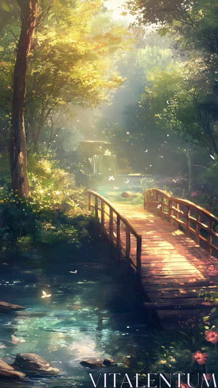 Sunlit wooden bridge spans tranquil stream in lush forest