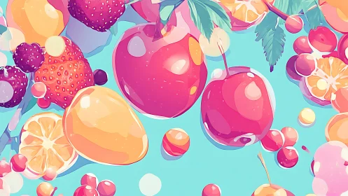 Vibrant stylized fruit arrangement uses glossy cel-shaded lighting