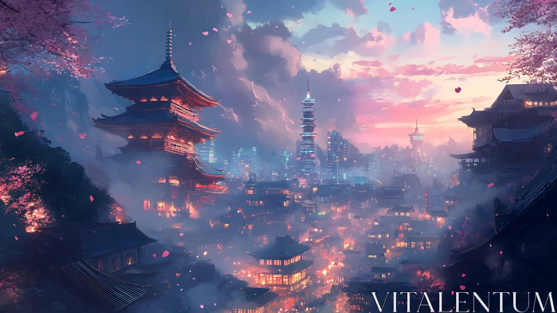 Dreamy twilight city where temples meet glowing towers.
