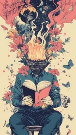 Figure reading book with flaming head and floral burst.