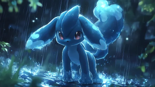 Blue elemental creature glows in rainlit forest puddles.