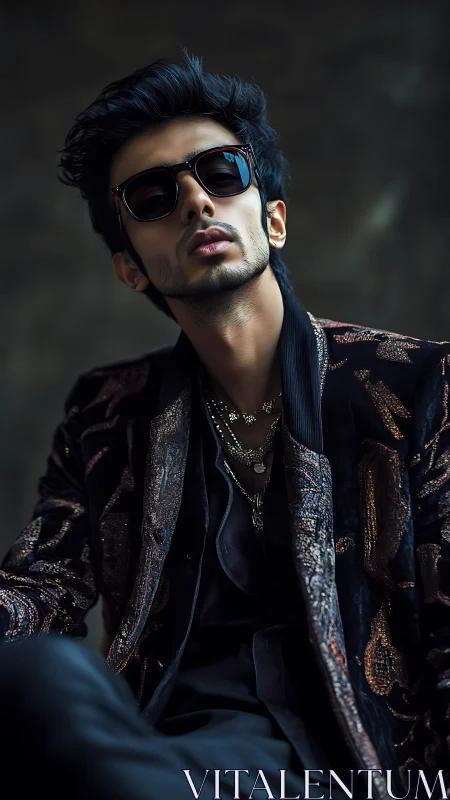 Man in ornate jacket wearing dark sunglasses and layered chains