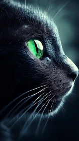 Piercing Green Eyes of a Black Cat in Shadow