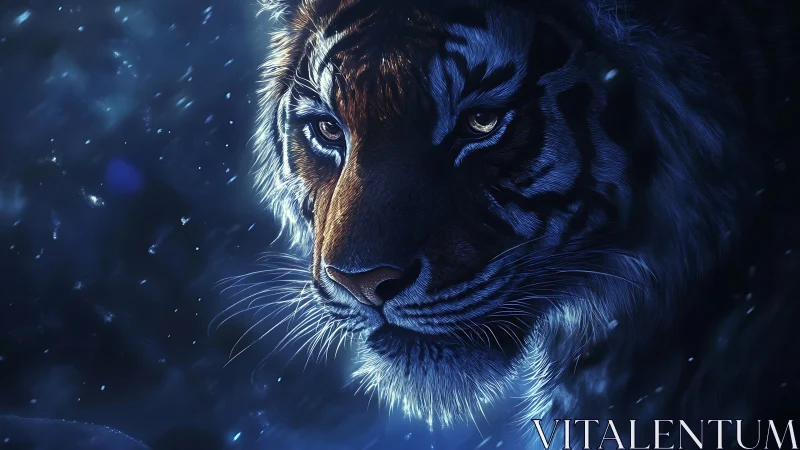 Dramatic side-lit tiger portrait with blue-toned volumetric snow