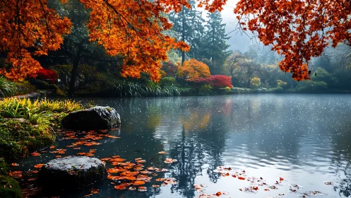 Autumn foliage around still lake with overhanging branches.