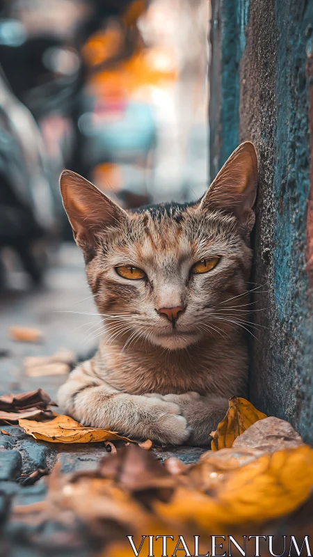 Tabby Cat with Amber Eyes Resting Against Weathered Wall.