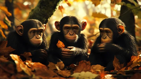 Young chimpanzees study autumn leaves in warm forest light.