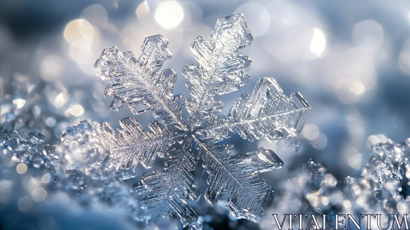 Macro view of single snowflake on icy blurred background.