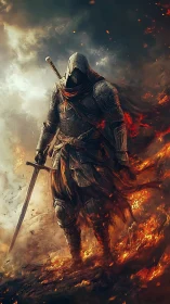 Hooded fire warrior strides through burning battlefield.