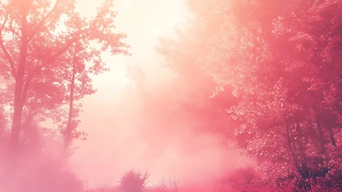 Rose-tinted forest glows through radiant morning mist