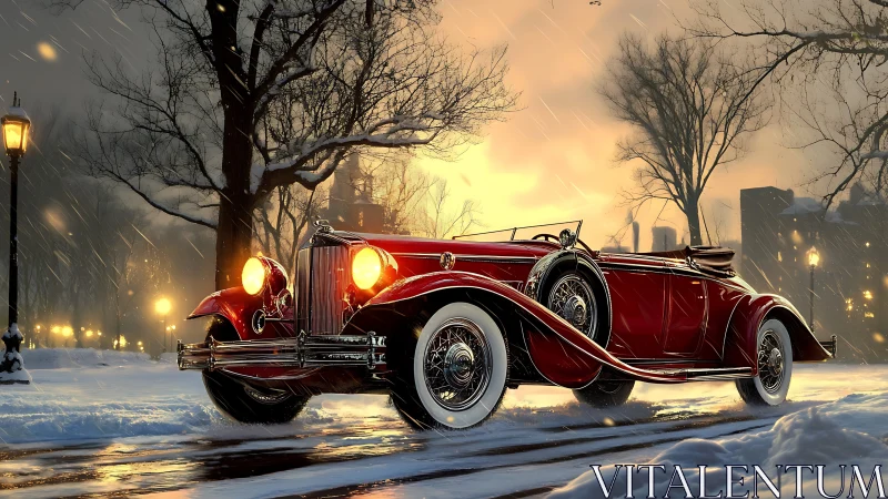 Crimson classic roadster amid snowlit city boulevard twilight.