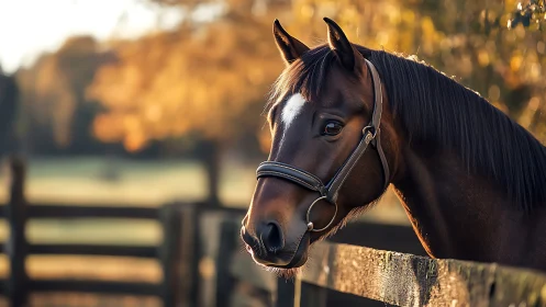 Photorealistic bay horse portrait in warm pastoral light.