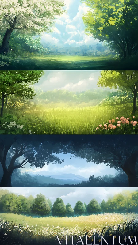 Lush tree framed landscapes in soft seasonal light.