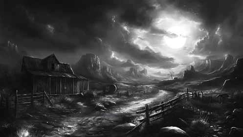 Moonlit desert homestead under storm clouds at night.